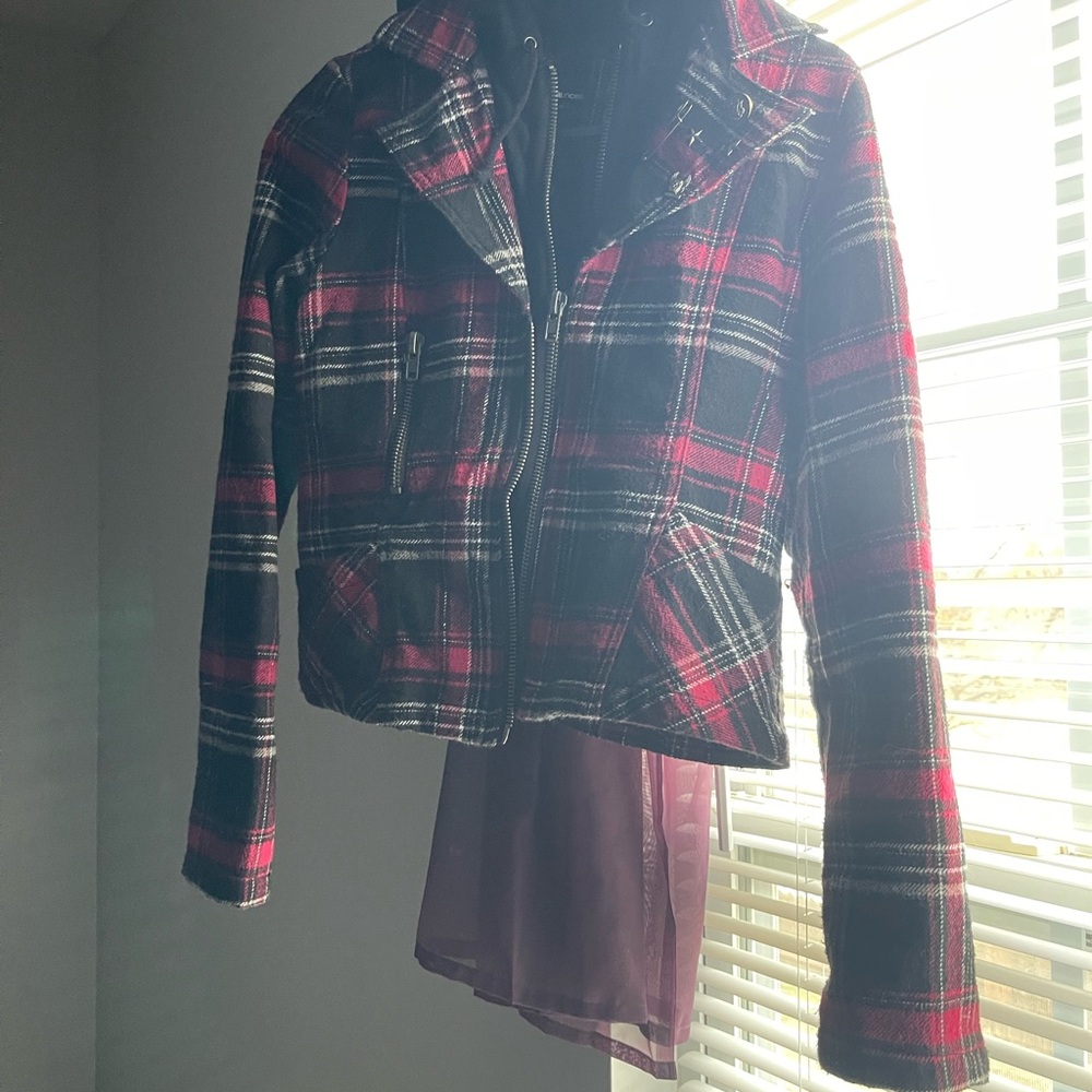 Maurices Pink and Black Plaid Bomber Jacket